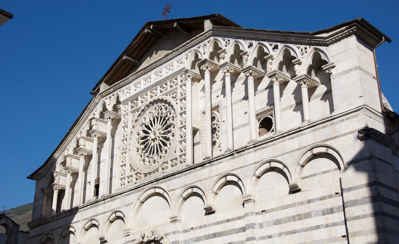 the marble facade of the medieval carrara duomo