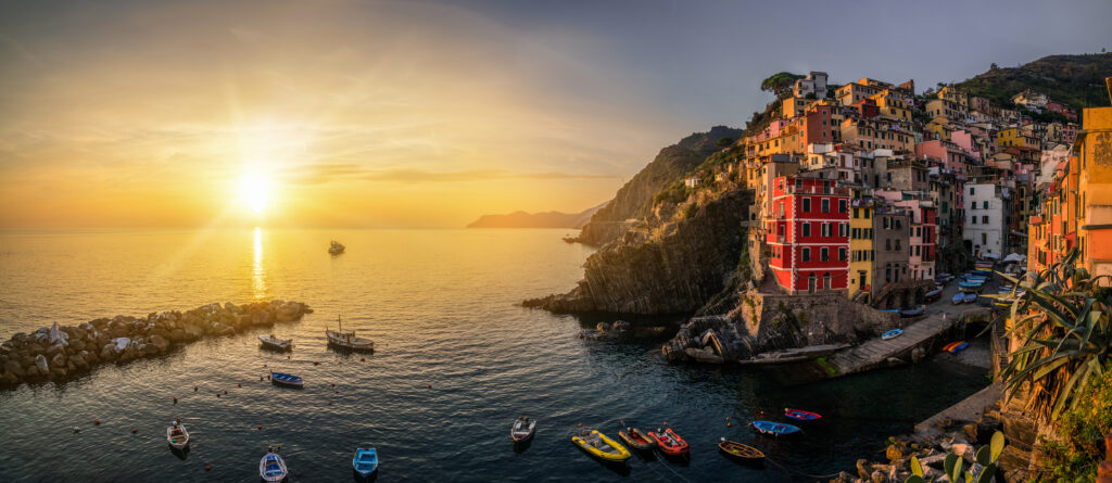 riomaggiore, view of the marina at the sunset