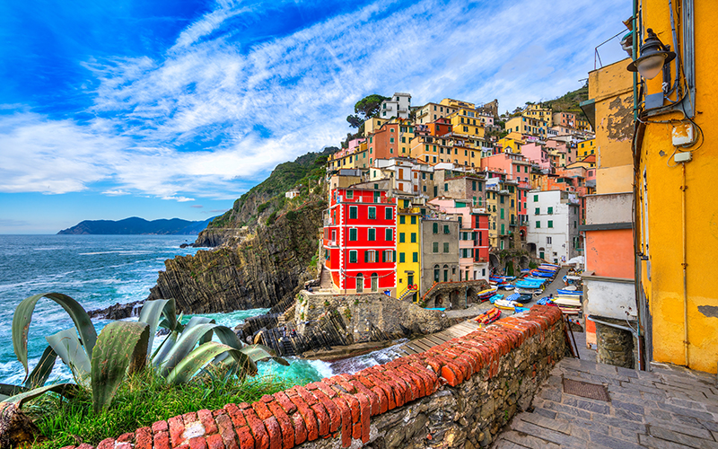 marina of riomaggiore with terrace by the sea