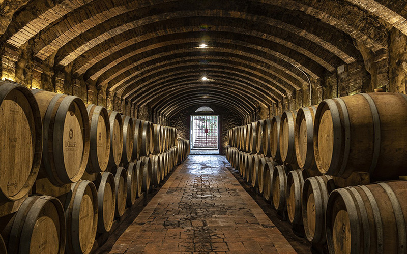 chianti wine cellar with huge barrels
