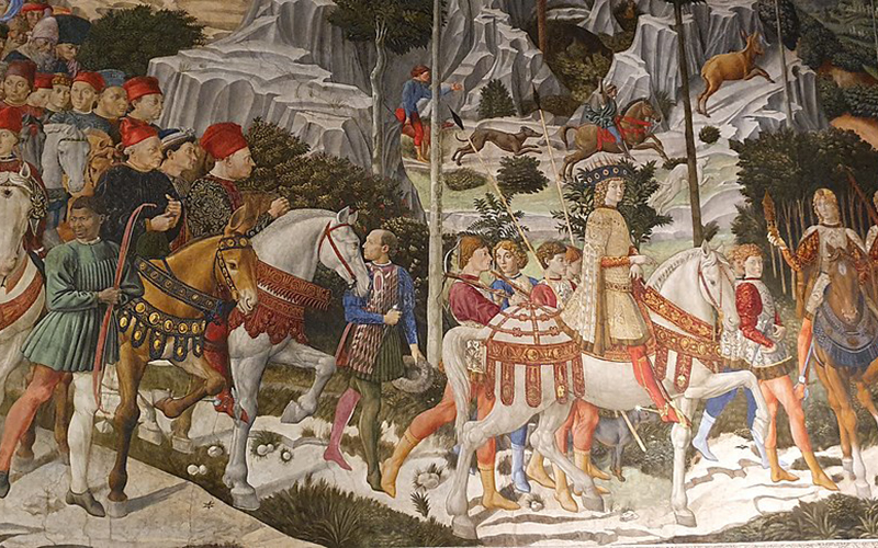 firenze, affresco della cavalcata dei magi palazzo medici