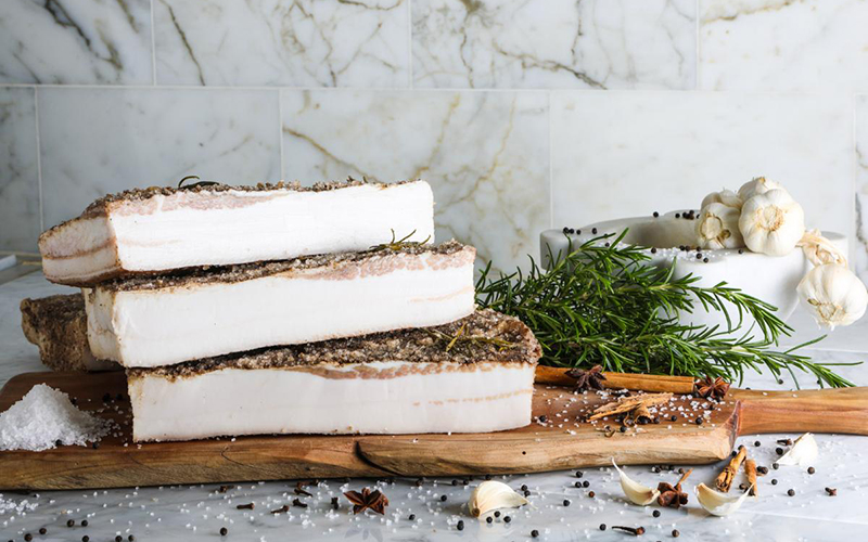 pork's backfat aged in carrara marble basins