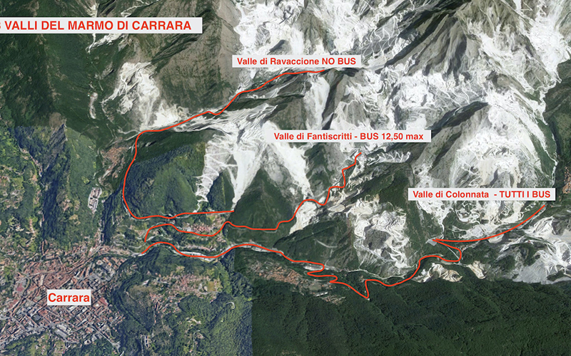 map of the carrara marble valley but tourist buses