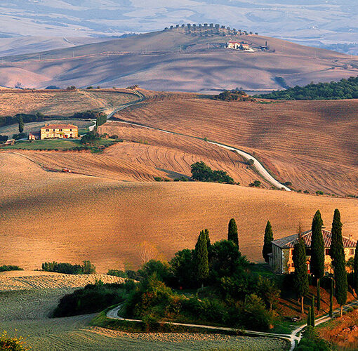 tuscany, cypresses, rolling hills, farm houses