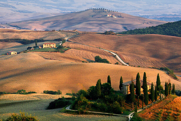 tuscany, cypresses, rolling hills, farm houses