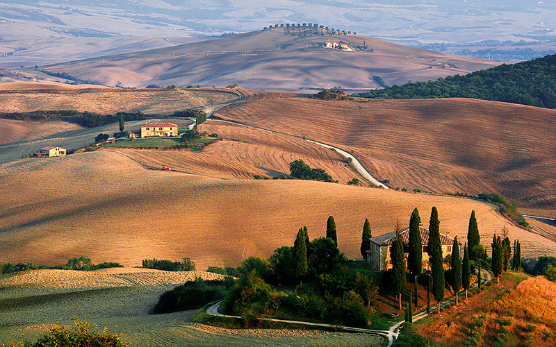 tuscany, cypresses, rolling hills, farm houses